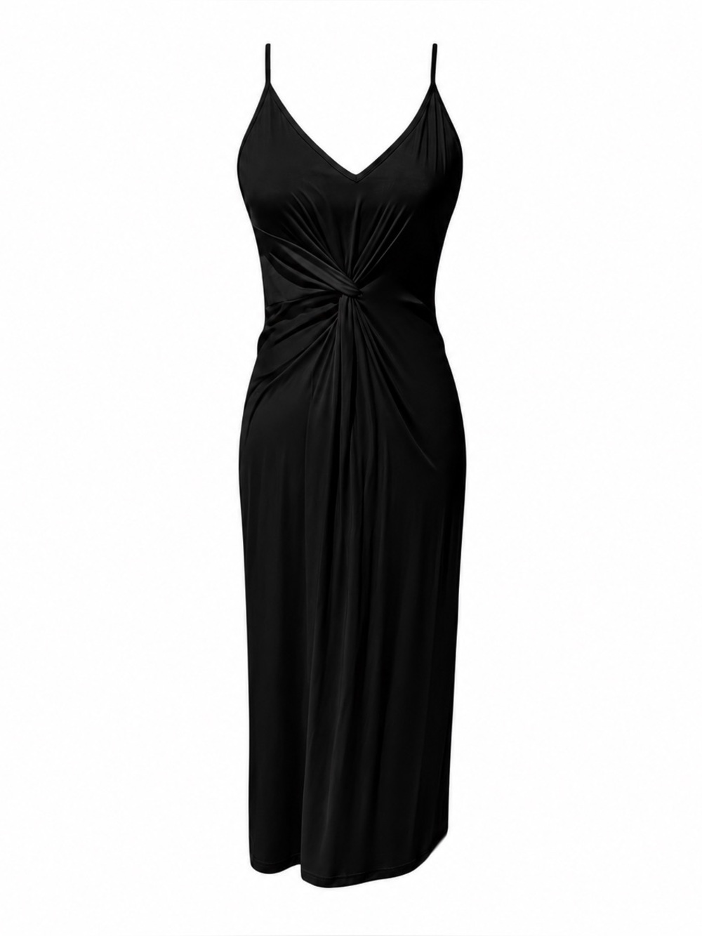 Women’s Black Spaghetti Strap Ruching Stretch Comfortable Midi Dress Size Small